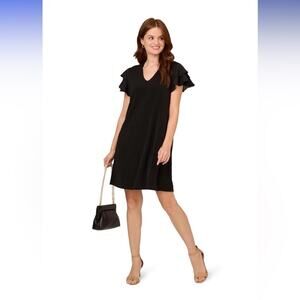 Adrianna Papell Women's V Neck Double Flutter Sleeve Black Dress NWT Size‎ L